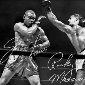 A black and white photo of two boxers in the ring.