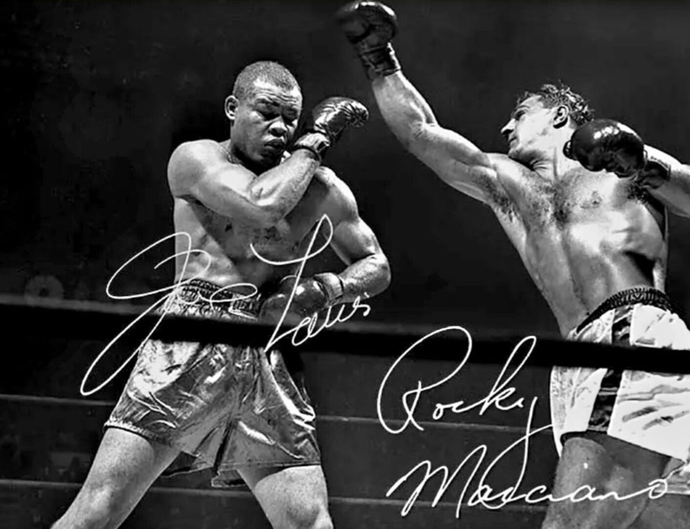 A black and white photo of two boxers in the ring.