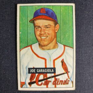 A baseball card of joe caragiola with the name of his name on it.