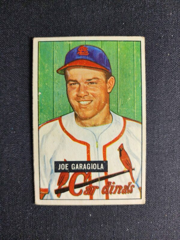 A baseball card of joe caragiola with the name of his name on it.