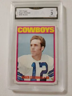 A card of roger staubach, the cowboys ' quarterback.