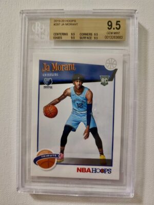 A basketball card is shown in front of a white wall.