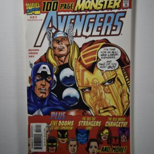 A comic book cover with various characters and the avengers.