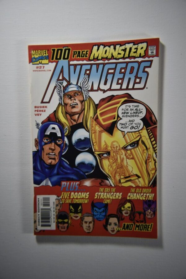 A comic book cover with various characters and the avengers.