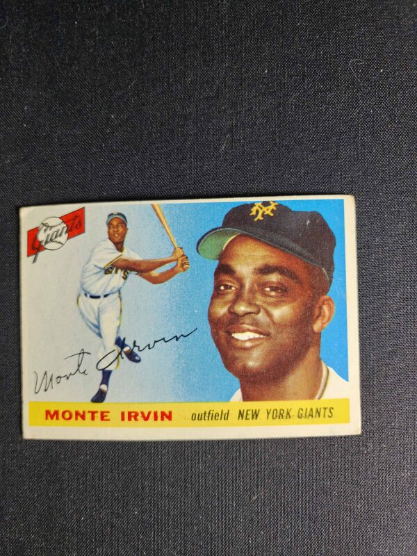 A baseball card of monte irvin with the bat in his hand.