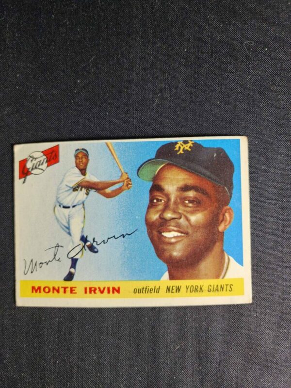 A baseball card of monte irvin with the bat in his hand.