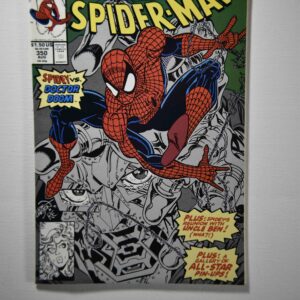 A comic book cover of spider-man with many characters.