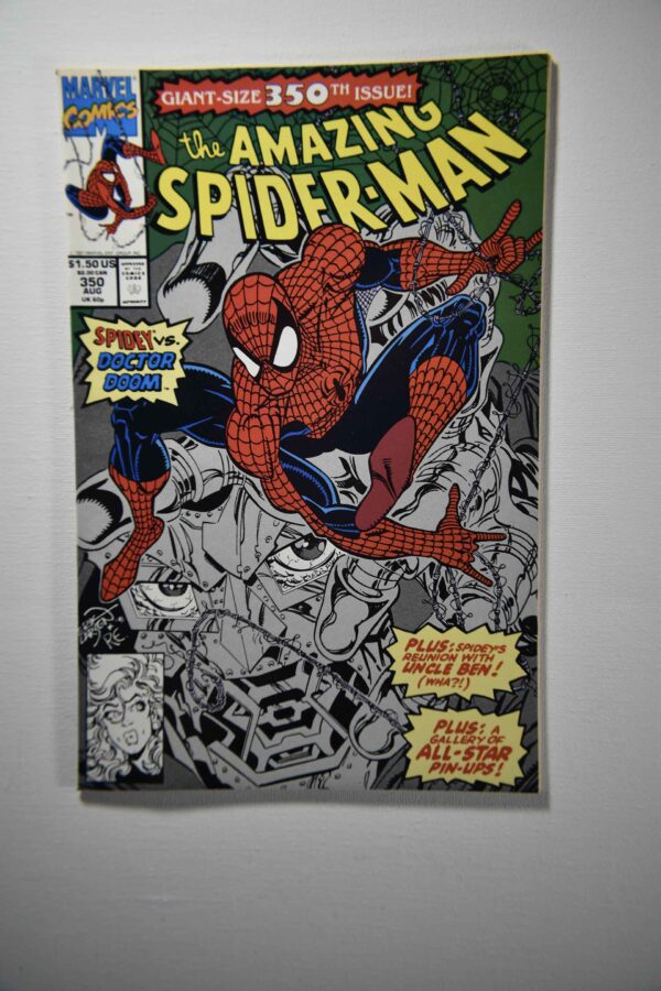 A comic book cover of spider-man with many characters.