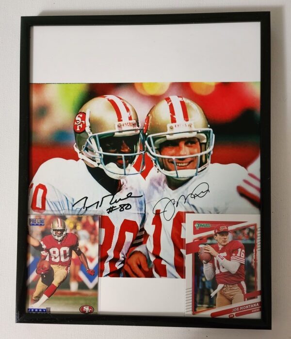 A framed picture of two football players and one player holding the ball.