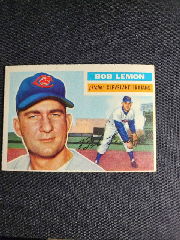 A baseball card of bob lemon with the cleveland indians.