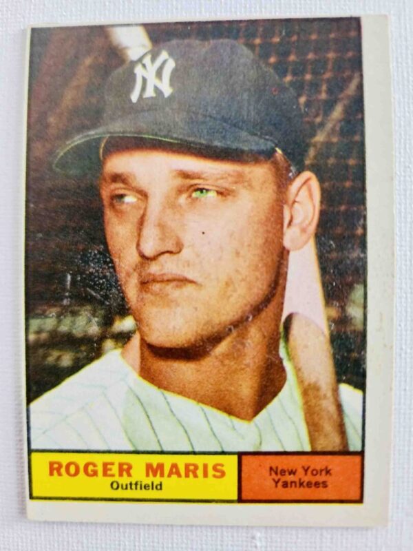 A baseball card of roger maris is shown.