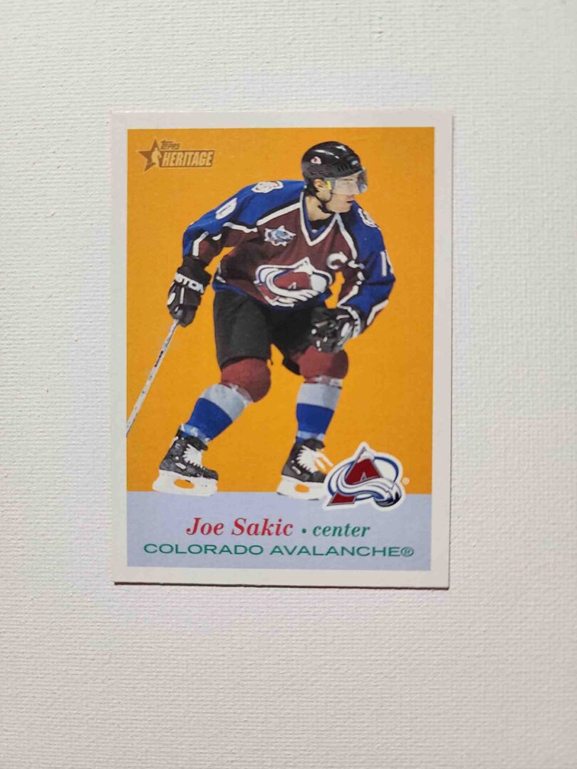 A hockey card with the name of joe sakic