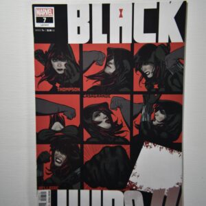 A black widow comic book cover with multiple images of the same woman.