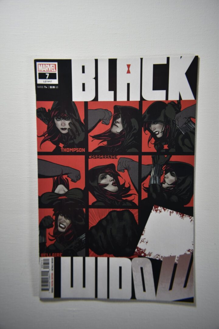 A black widow comic book cover with multiple images of the same woman.