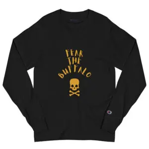 A black sweatshirt with a skull and the words " fear the buffalo ".