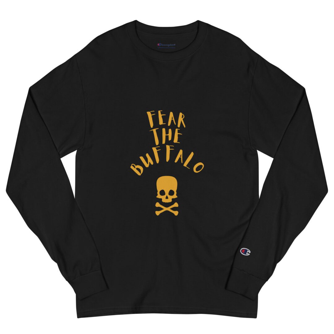 A black sweatshirt with a skull and the words " fear the buffalo ".