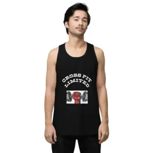 A man wearing black tank top with cross fit limited on it.