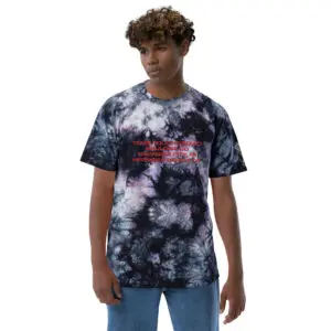 A man wearing a tie dye t-shirt with the words " i am a god " on it.