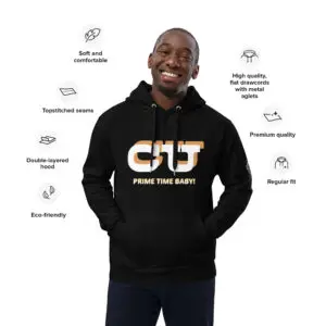 A man wearing a black hoodie with the words " c 1 7 prime time baby !" on it.