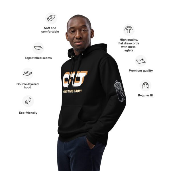 A man wearing a black hoodie with some words on it