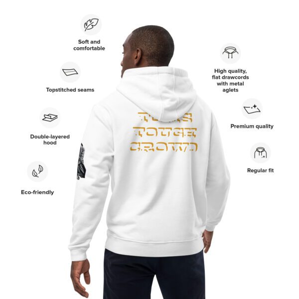 A man wearing a white hoodie with some words on it