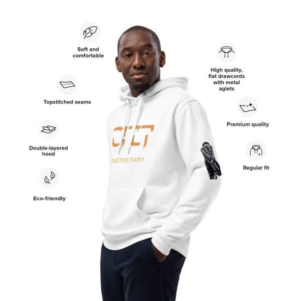 A man wearing a white hoodie with some words on it