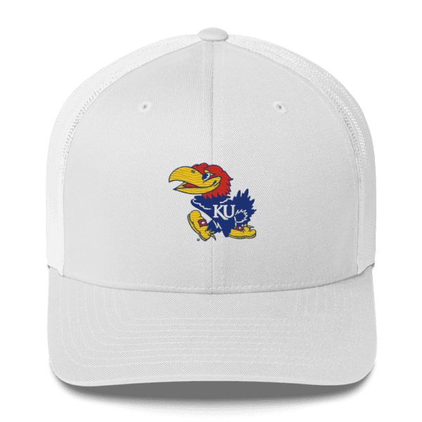 A white hat with a blue, yellow and red bird on it.