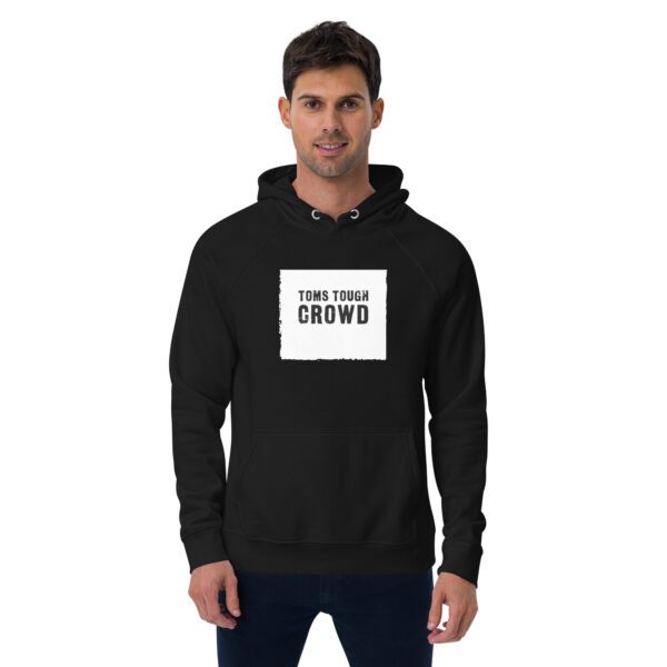 A man wearing a black hoodie with the words " turn your crowd ".