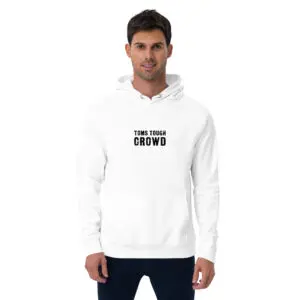 A man wearing a white hoodie with the words " you can 't crowd ".