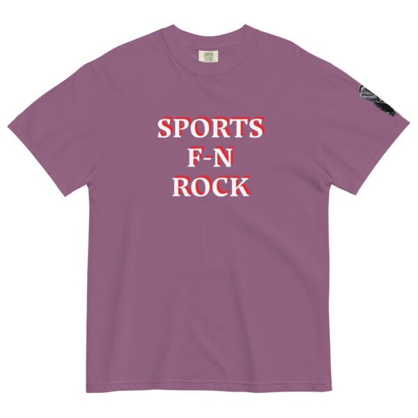 A purple t-shirt with the words sports fn rock on it.