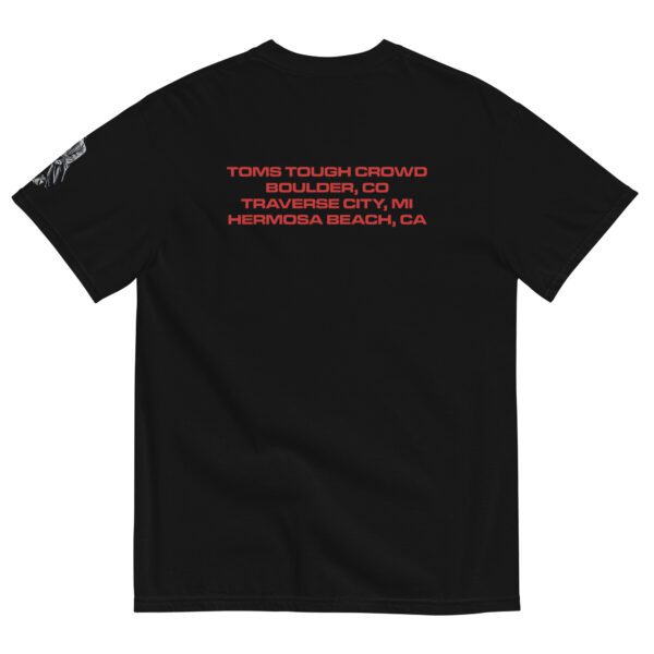 A black t-shirt with red writing on it.