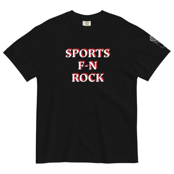 A black t-shirt with the words sports fn rock on it.