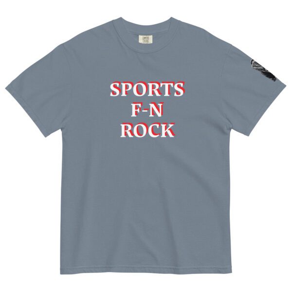 A gray t-shirt with the words sports n rock on it.