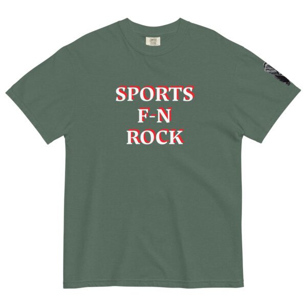 A green t-shirt with the words sports fn rock on it.