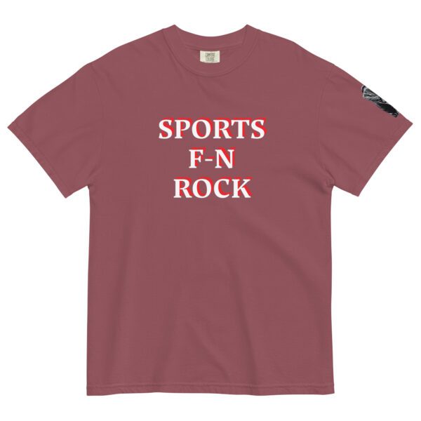 A maroon t-shirt with the words sports fn rock on it.