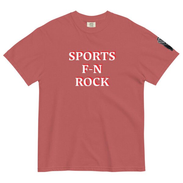 A red t-shirt with the words sports fn rock on it.