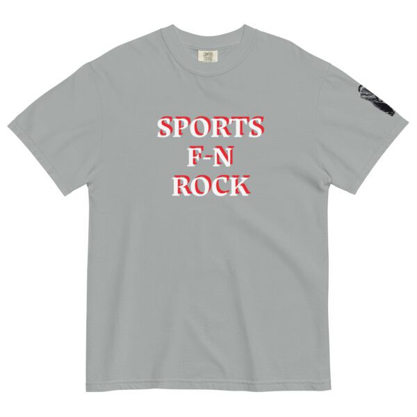 A gray t-shirt with the words sports fn rock on it.