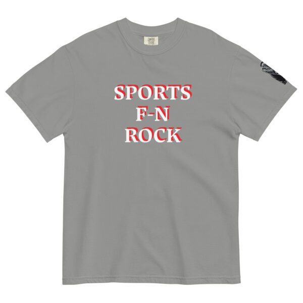 A gray t-shirt with the words sports fn rock on it.