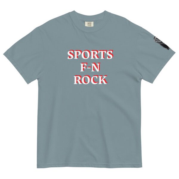 A light blue t-shirt with the words sports fn rock on it.