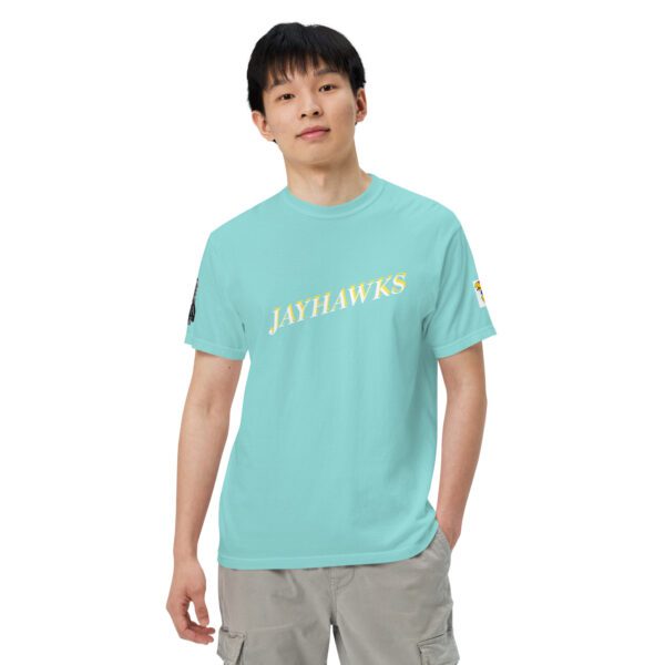 A man wearing a light blue t-shirt with the words " 1 0 1 ducks ".