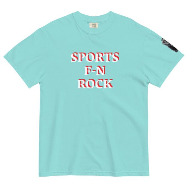 A light blue t-shirt with the words sports n rock on it.