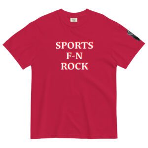 A red t-shirt with the words sports fn rock on it.