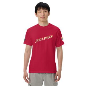 A man wearing a red shirt with the words " jayhawks ".