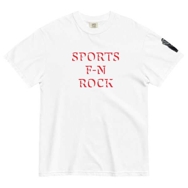 A white t-shirt with the words sports f n rock on it.