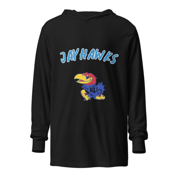 A black long sleeve shirt with an image of the university of kansas.