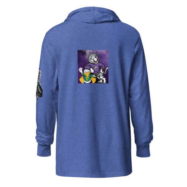 A blue hoodie with a picture of a person and some other items.