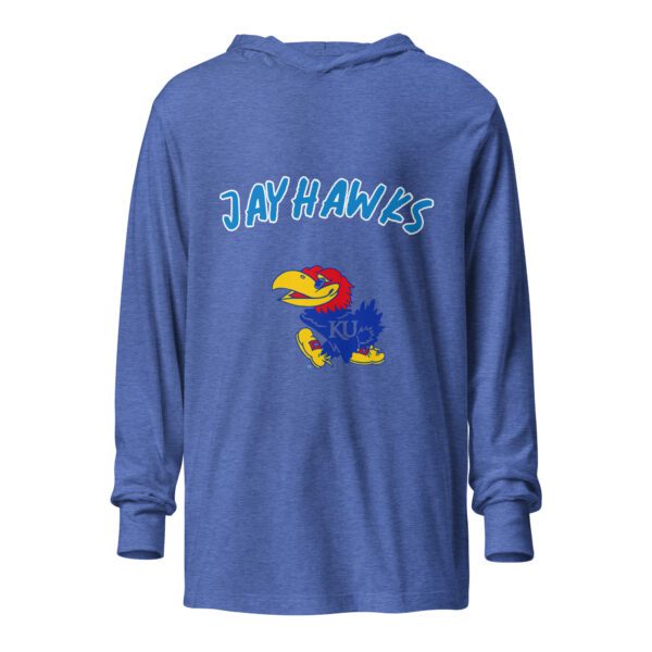 A blue long sleeve shirt with an image of the jayhawks on it.