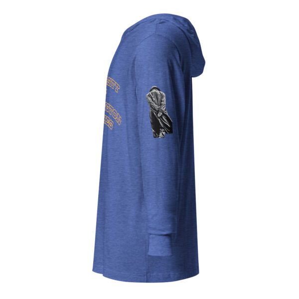 A blue hoodie with patches on the side of it.