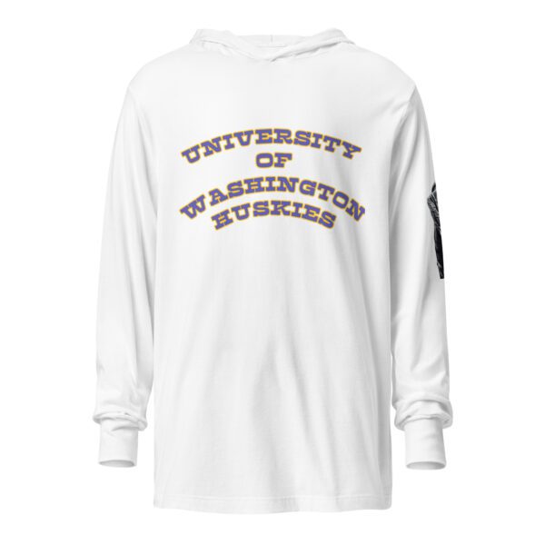 A white long sleeve shirt with the university of washington huskies on it.