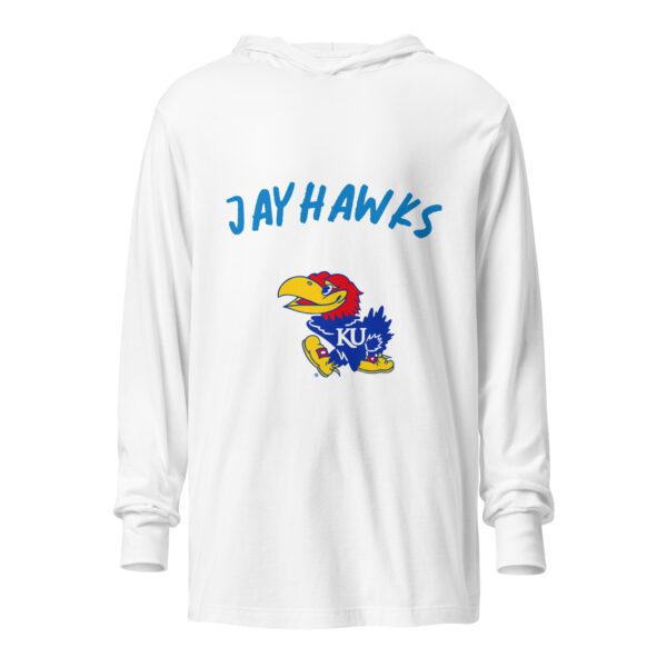 A white long sleeve shirt with the jayhawks logo on it.